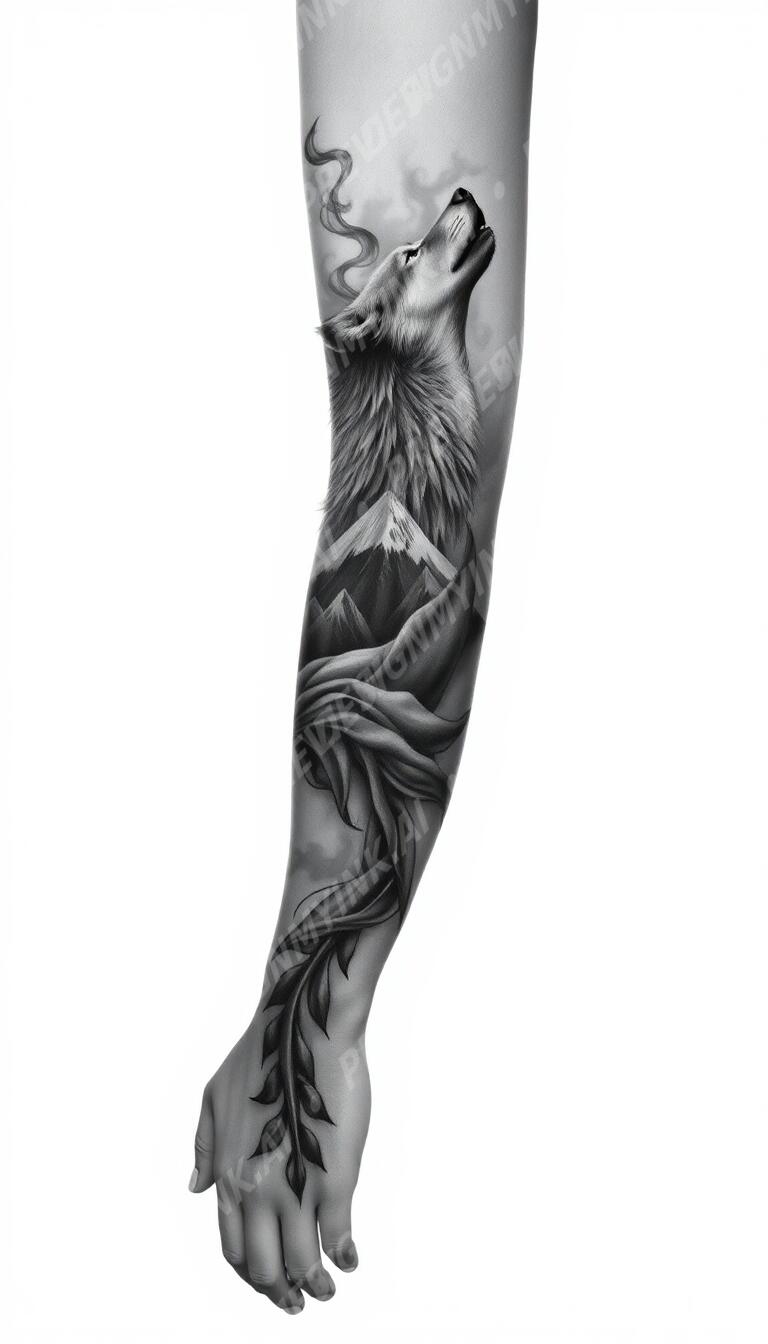 Wolf full sleeve tattoo design in the Black & Grey Realism style — AI-generated concept by DesignMyInk