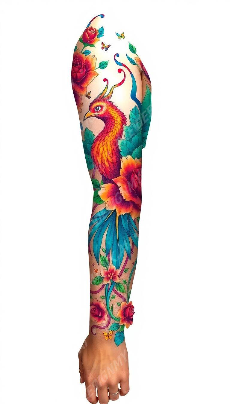 Phoenix full sleeve tattoo design in the Colour Realism style — AI-generated concept by DesignMyInk