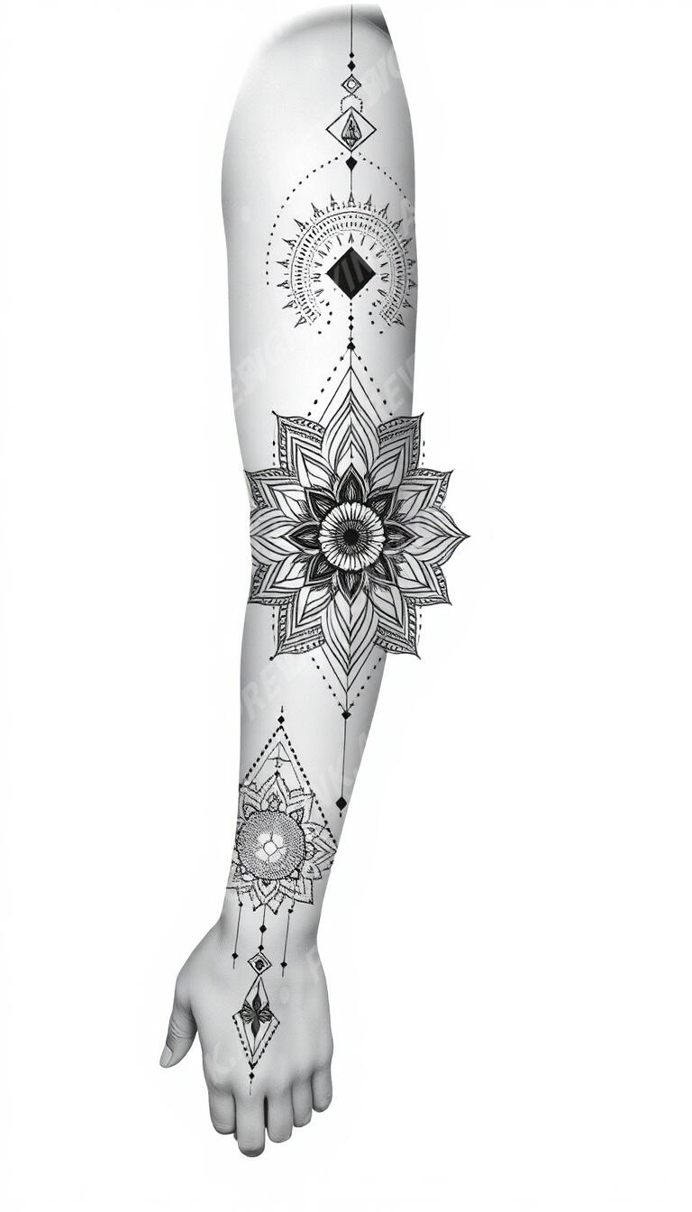 Mandala full sleeve tattoo design in the Dotwork / Geometric style — AI-generated concept by DesignMyInk