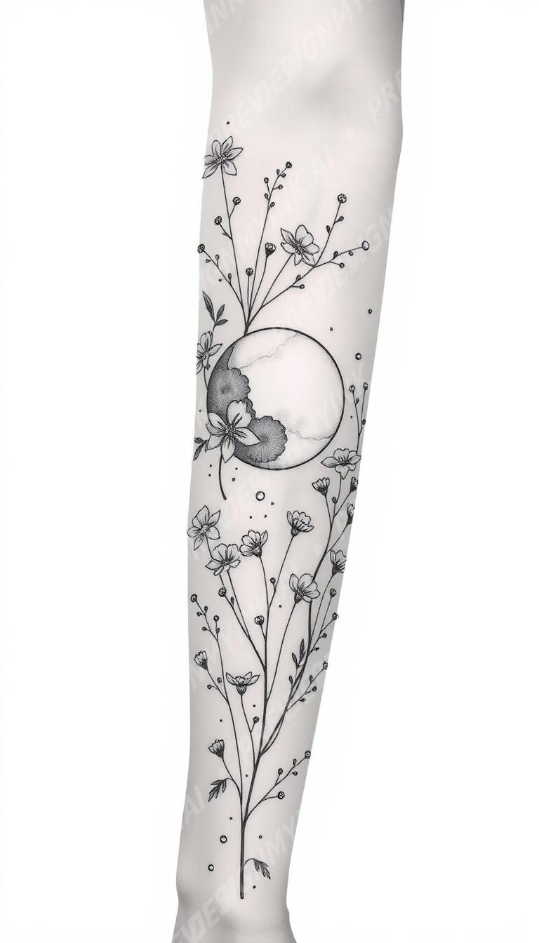 Floral full sleeve tattoo design in the Fine Line style — AI-generated concept by DesignMyInk