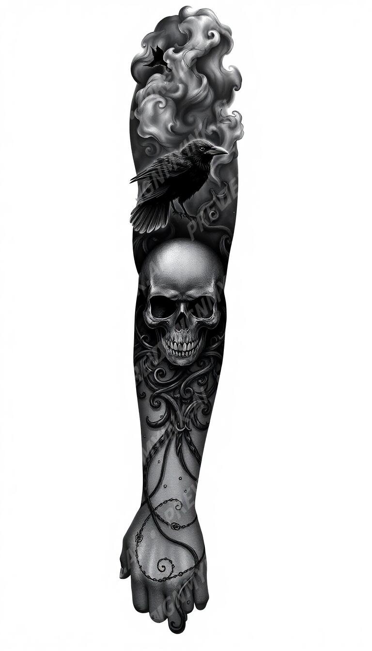 Raven full sleeve tattoo design in the Gothic / Dark style — AI-generated concept by DesignMyInk