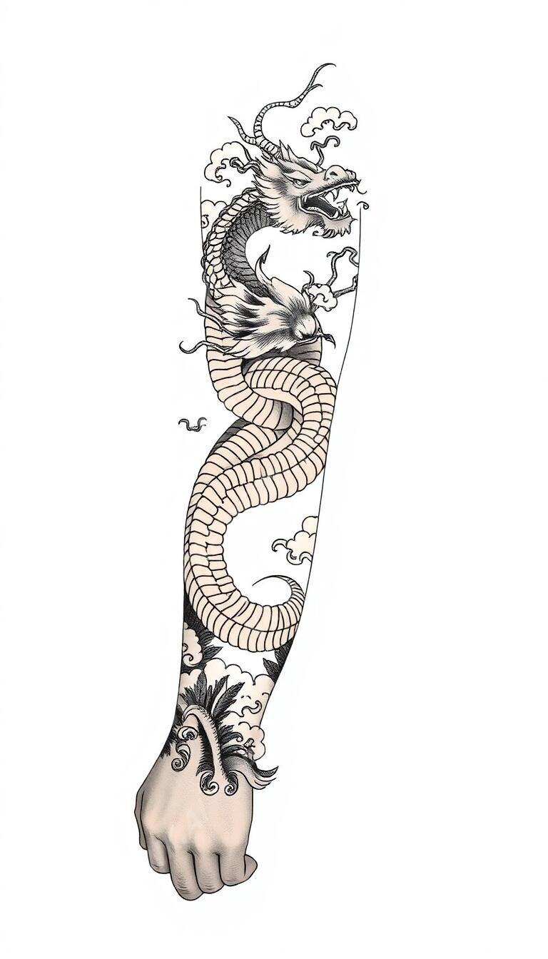 Dragon full sleeve tattoo design in the Japanese (Irezumi) style — AI-generated concept by DesignMyInk