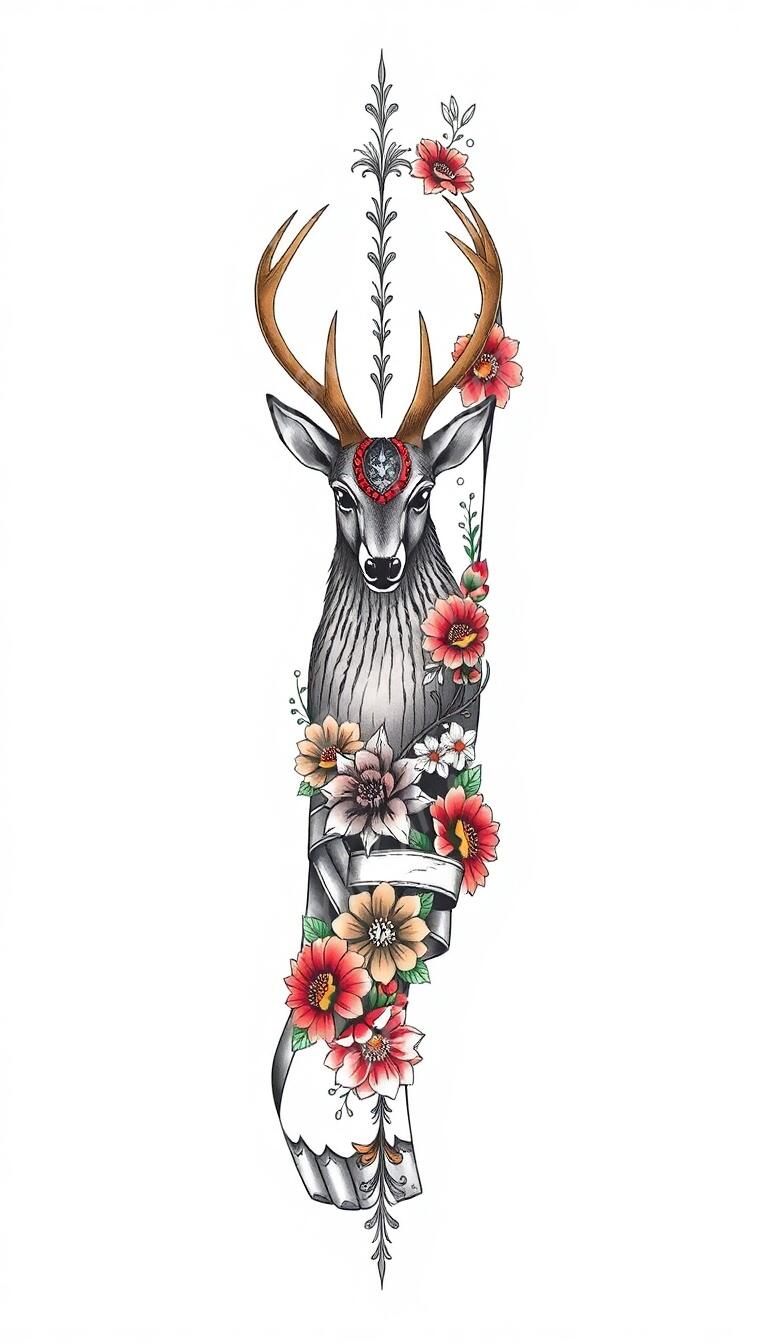 Stag full sleeve tattoo design in the Neo-Traditional style — AI-generated concept by DesignMyInk